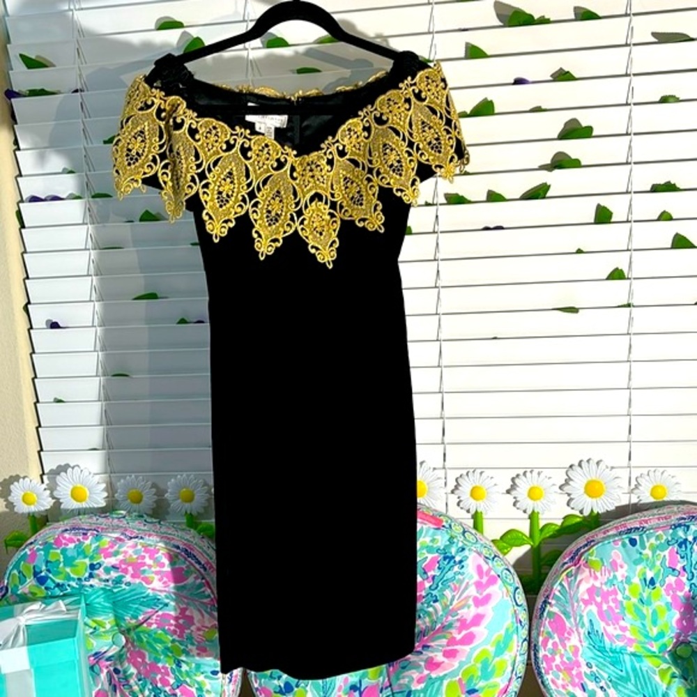 Scott McClintock black velvet off the shoulders dress with gold lace décolleté
